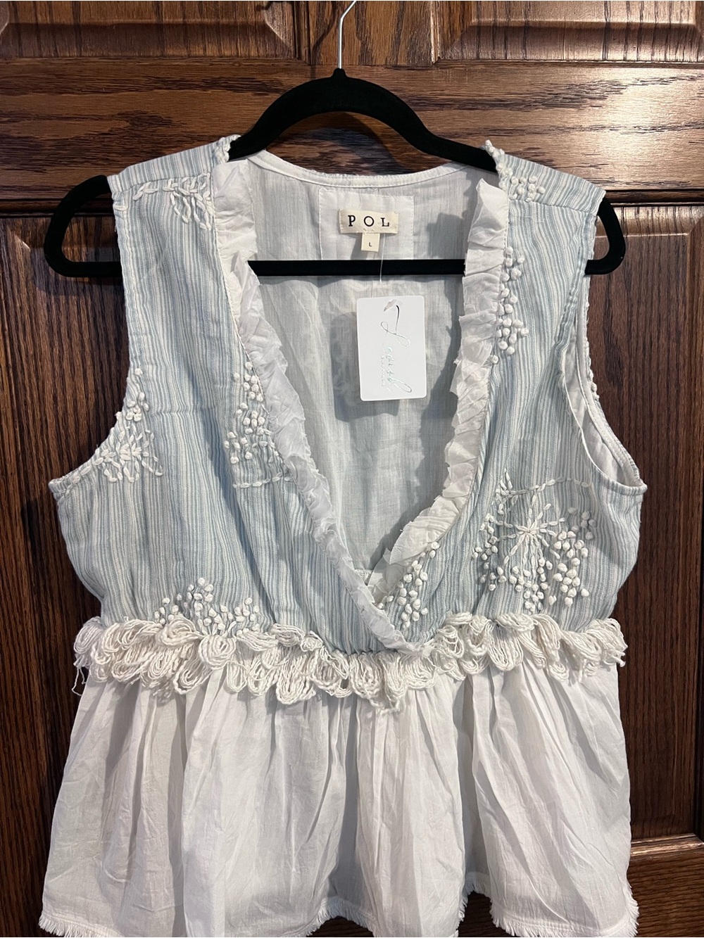 POL Light Blue and White Embroidered Peplum Camisole